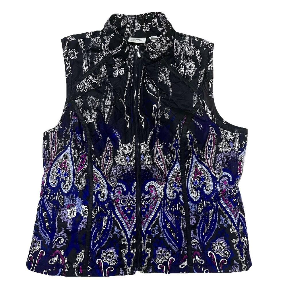 Paisley Zenergy By Chico’s Quilted Lightweight Full Zip Vest Purple Black Medium